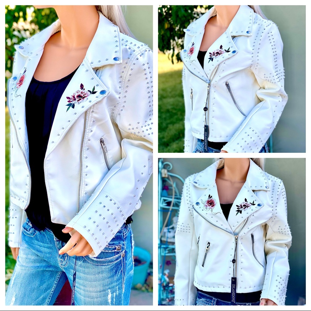 🎉HOST PICK🥳 NWT Blank NYC Floral Stud Trendy Zip Moto Bomber Crop Jacket - Picture 6 of 16